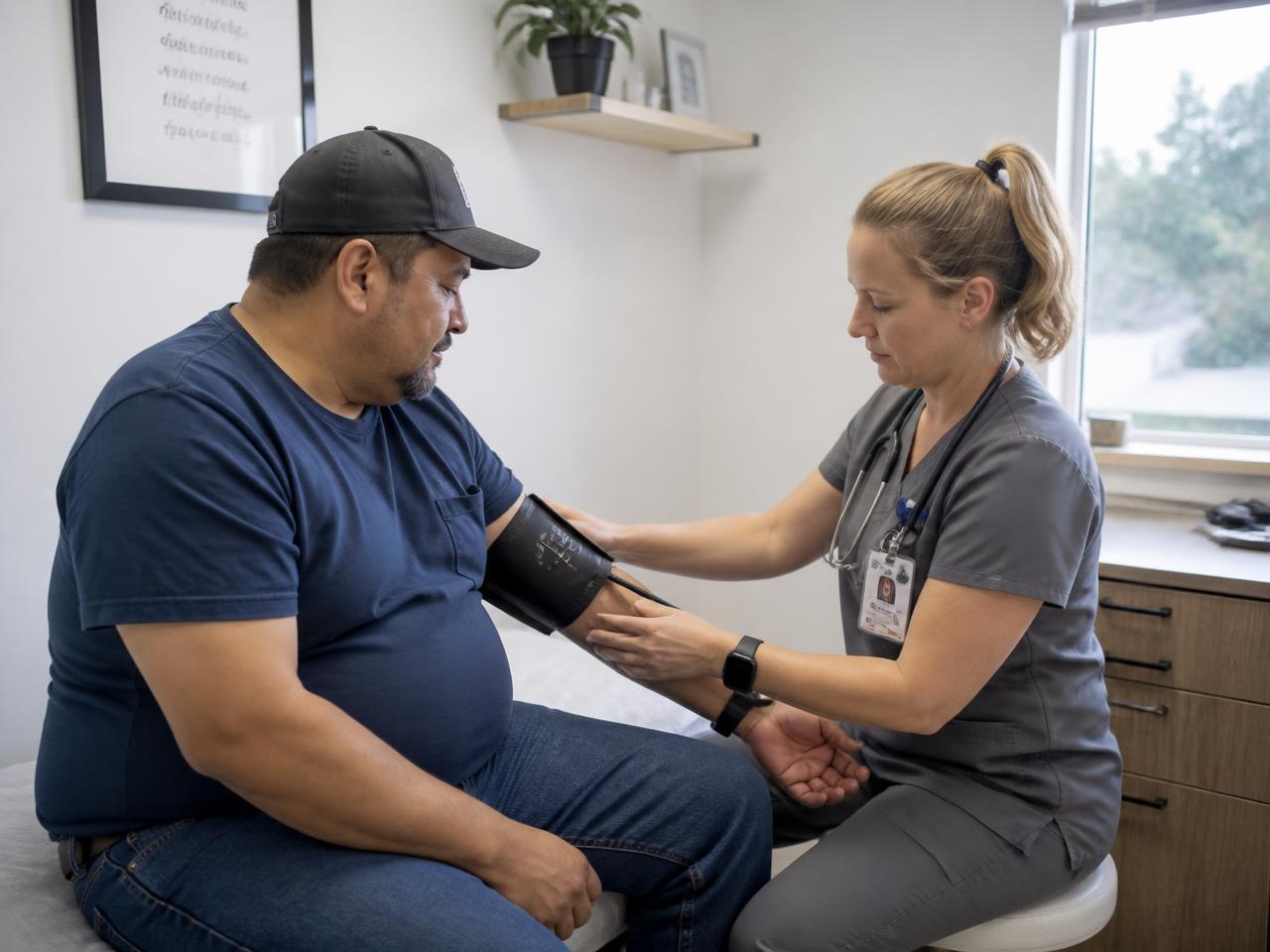 Nurse practitioner checking a commercial driver's blood pressure during a DOT physical