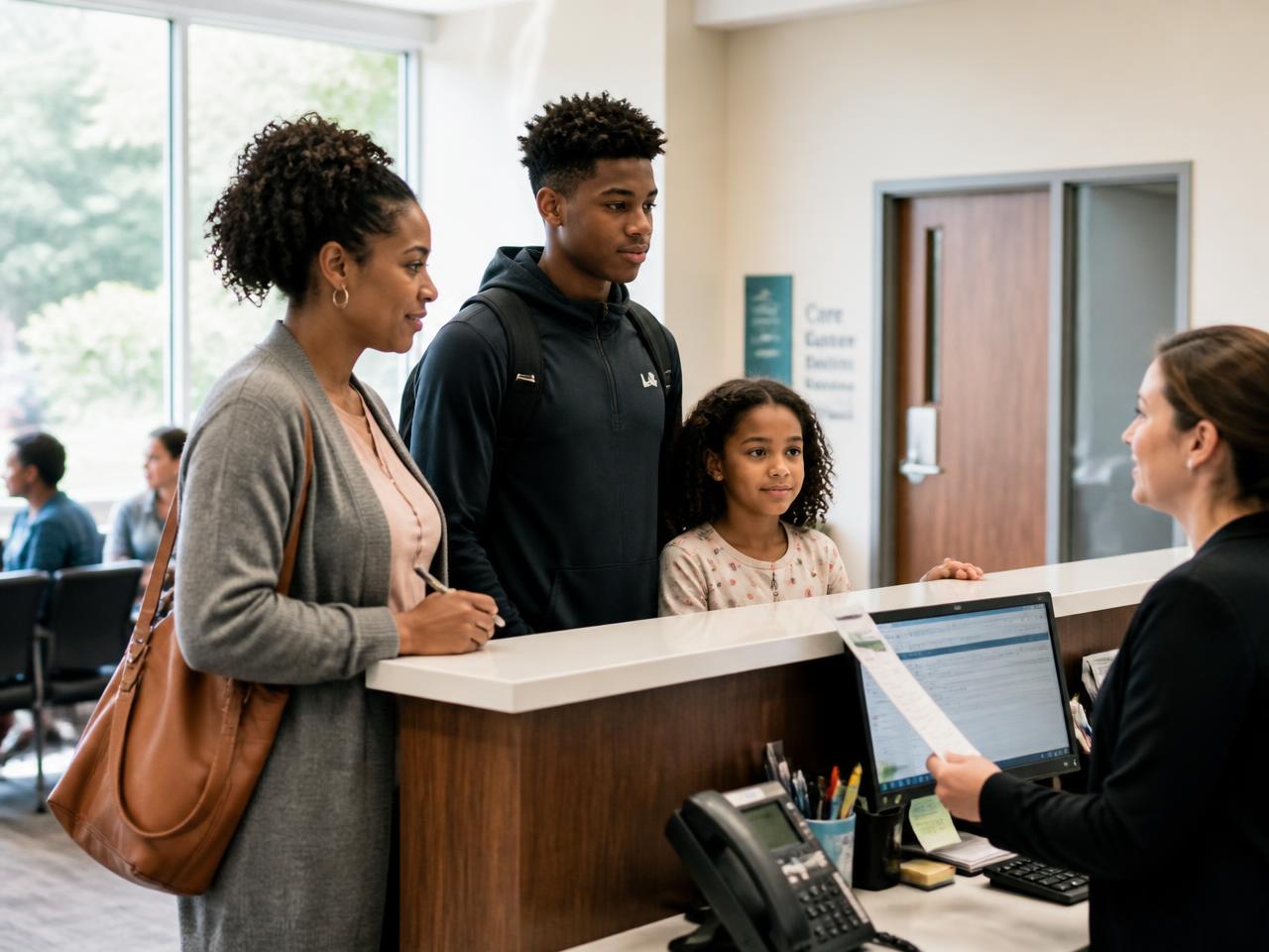 A family checking in at the front desk of the clinic before school and sports physicals